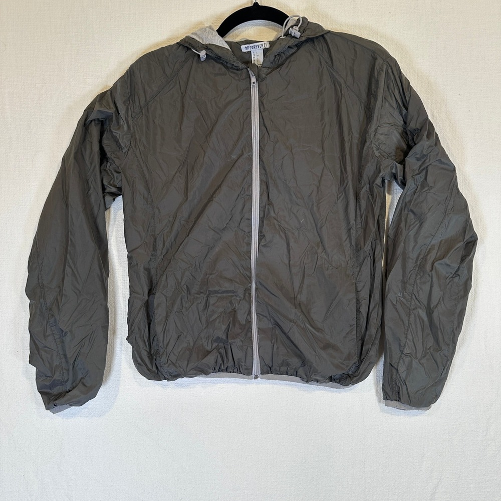 Forever 21 Mens Small Hooded Windbreaker Jacket Gray Full Zip Lightweight